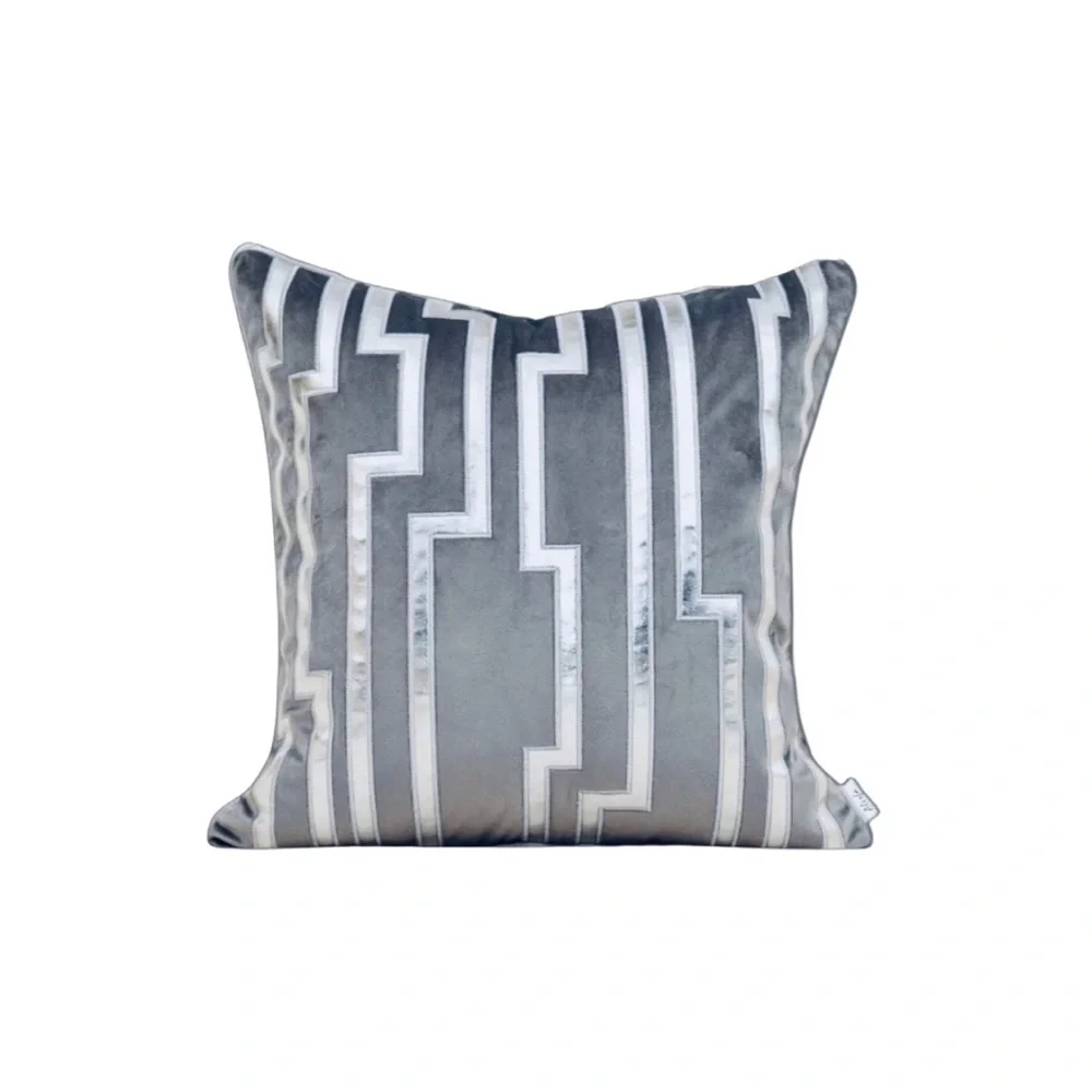 Luxury Home | Elegant Grey Soft Velvet Faux Leather Applique Throw Pillow Cover